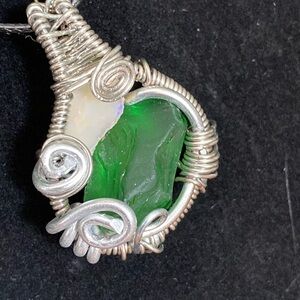 Sea glass and raw opal wire wrapped pendant
